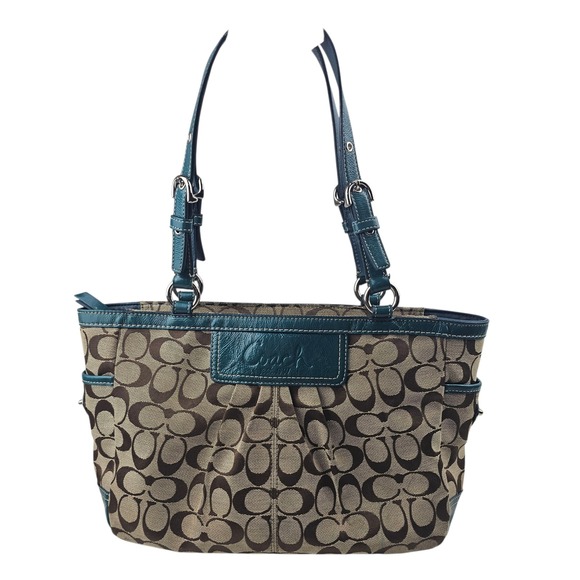 Coach Signature Tan Teal Blue Soho Pleated Buckle Tote Shoulder Bag Purse F14281 - Picture 1 of 16